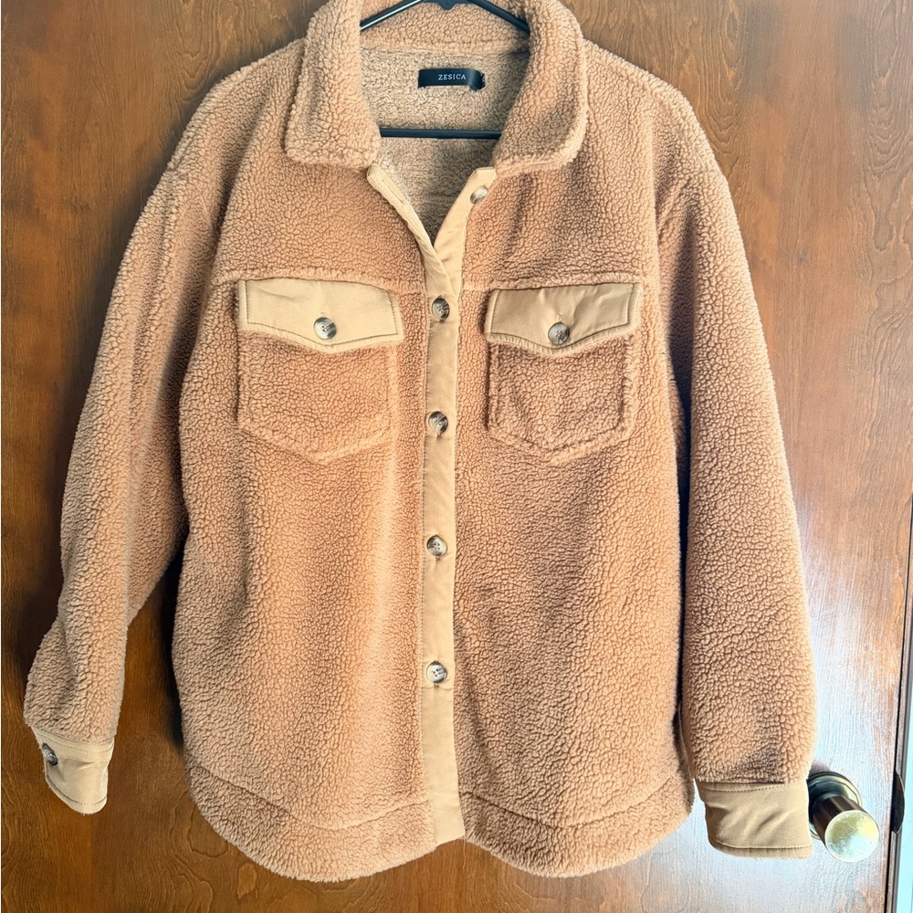 Zessica Tan Teddy Sherpa Jacket with Button Front